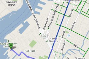 Google Maps suggested bike route from Sunny's in Red Hook.